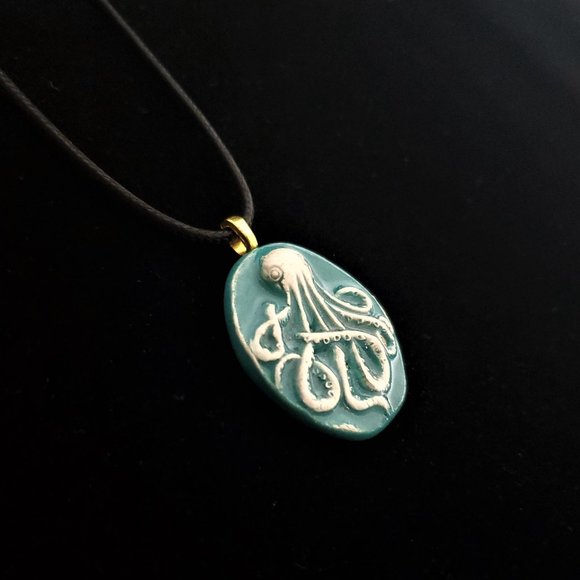 Handmade Ceramic Turquoise Octopus Kraken Pendant Necklace - Picture 9 of 14